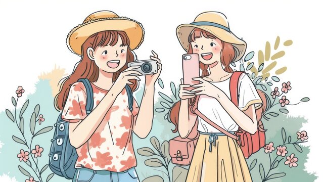 There are two girls taking pictures outdoors with their cell phones. Illustrations in a hand-drawn style modern doodle design style in the outdoors.