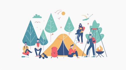 Flat design style minimal modern illustration of several people camping and tracking.