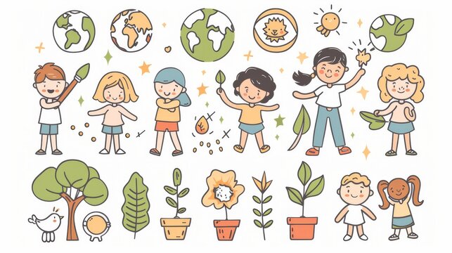 This modern illustration depicts various actions children take to protect the environment. The design is in a flat style with a minimal aesthetic.