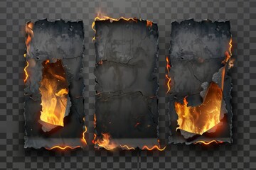 A burning page with smoldering fire on charred uneven edges. Burned parchment sheets in flames. Burned frames isolated on transparent background. - obrazy, fototapety, plakaty