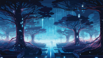 A cybernetic forest where trees are intertwined with