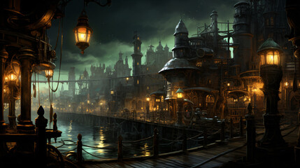 A steampunk cityscape bathed in the glow of gas lamps