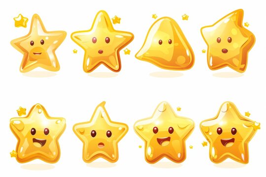 An animated set of star sprite animation, UI rate sequence frame, yellow golden glossy assets for UI and score display in apps, bonus isolated symbols, Cartoon modern icons.