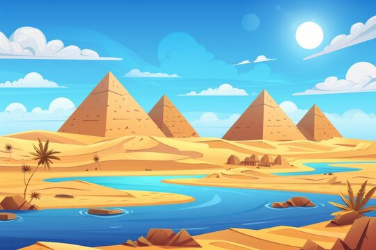 A cartoon illustration of yellow sand dunes, a blue river, ancient tombs of Egypt's pharaohs, and hot sun with clouds in the sky depicting an Egyptian desert with a river and pyramids.