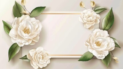 Template design for wedding invitation cards with white semi-double camellias and leaves - obrazy, fototapety, plakaty