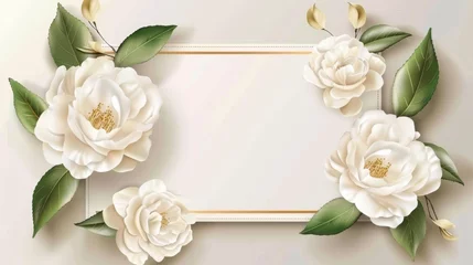 Fotobehang Template design for wedding invitation cards with white semi-double camellias and leaves © Mark