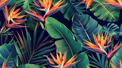 Fototapeta na wymiar Bird of paradise flowers, jungle leaves, seamless floral pattern background.