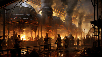 A steampunk factory belching smoke and steam with work - obrazy, fototapety, plakaty