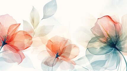 An abstract floral background with transparency and watercolor effect. Wall decoration with flowers and leaves.