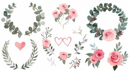Flower pink rose, leaves, flower branches, wreaths. Wedding concept. Floral poster, invitation. Modern arrangements for greeting card or invitation design background.