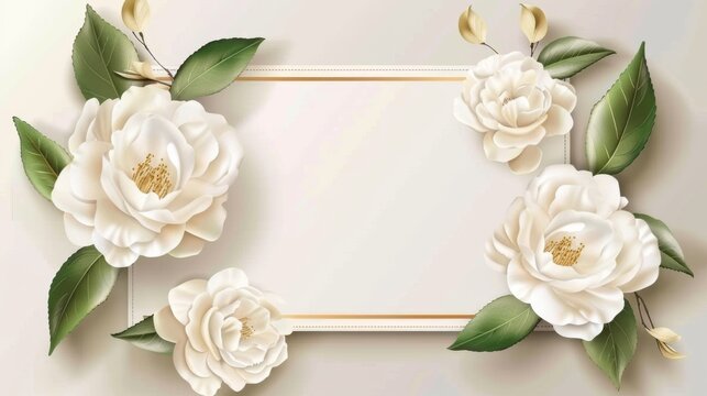 Template design for wedding invitation cards with white semi-double camellias and leaves