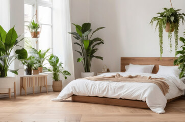 Cozy home garden, bedroom in white and wooden tones. Close-up: bed, parquet floor, and numerous houseplants. Urban jungle interior design. Biophilia concept. - obrazy, fototapety, plakaty