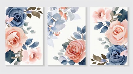 Modern decorative greeting card or invitation design background set of card with flower rose and leaves. Wedding ornament concept. Wedding poster, invite. Modern decorative greeting card or