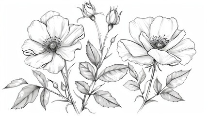 Sketches of wild roses on white backgrounds with line art.