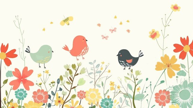 An adorable cartoon bird with a flower on a brightly colored floral background.