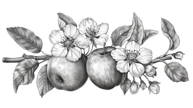 Leaf and flower of apple isolated on transparent background. Hand drawn nature painting. Freehand sketching illustration.