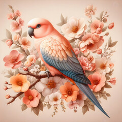 Papuga w kwiatach w kolorze peach fuzz, dekoracja generative ai - obrazy, fototapety, plakaty