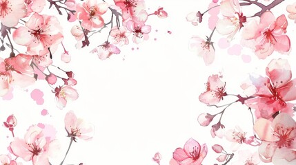 Hand drawn Japanese flowers on white background with watercolor sakura frame.