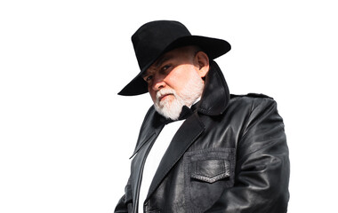 Gangster style. Old-fashioned trendy elegant hipster grandpa in leather coat with bow-tie isolated on white isolated background. Old aged man.