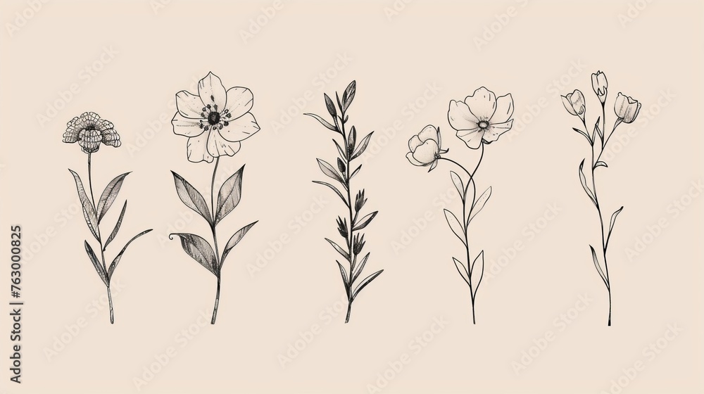 Wall mural Floral graphic sketch drawing with tiny tattoo design elements, floral botanic elements modern illustration