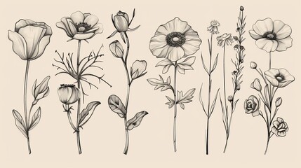 Flowers and plants drawn by hand. Monochrome modern illustrations in sketch style.