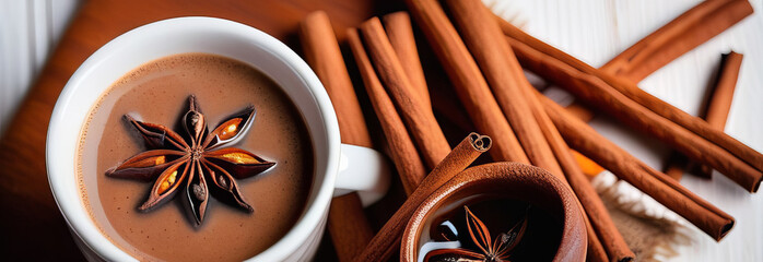 Delectable Champurrado beverage in paired mugs, garnished with cinnamon sticks and star anise, in a minimalistic setting for text customization. - obrazy, fototapety, plakaty