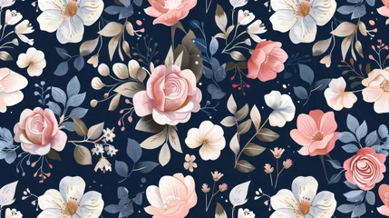 Photo sur Plexiglas Papillons en grunge An elegant seamless pattern of vintage flowers on a navy background