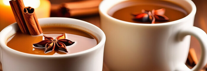 Inviting scene of two mugs brimming with spicy Champurrado, featuring cinnamon and star anise decorations, on a white background for text placement.