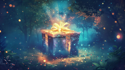 A creative, clean illustration showcasing a fantasy gift box opening to reveal a symbolic cure for Zika, surrounded by a magical aura, highlighting optimism and the gift of health. - obrazy, fototapety, plakaty