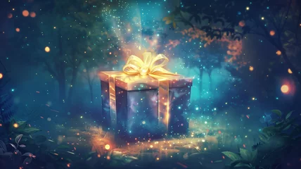 Fotobehang A creative, clean illustration showcasing a fantasy gift box opening to reveal a symbolic cure for Zika, surrounded by a magical aura, highlighting optimism and the gift of health. © praewpailyn