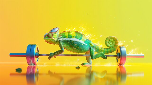 A clean, surreal illustration featuring a giraffe with its long neck coiled around a barbell, lifting it high against a backdrop of vivid, abstract shapes, symbolizing unique strength and joy.