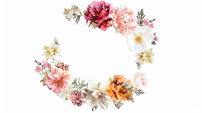 White background with watercolor flowers in a wreath
