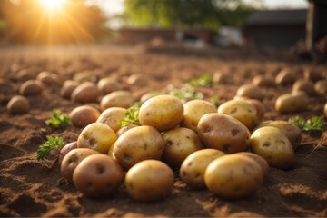 Fresh potatoes on agricultural land ready to harvest. agriculture, farming and harvesting concept