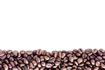 Top view with roasted coffee beans isolated on white table background area for copy space.