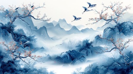 Abstract art landscape featuring bamboo leaves branch with hand drawn waves elements in vintage style. Chinese wave decorations with crane birds element in vintage style.