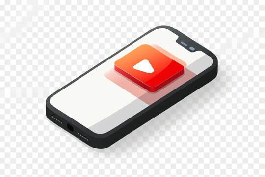 red play icon on smart phone on a transparent background