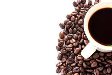 Top view hot coffee and coffee beans on white background.