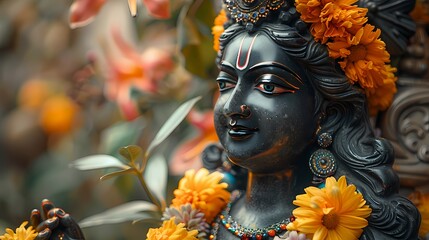 A serene image of Lord Krishna's idol adorned with fresh flower garlands, radiating divine grace and serenity - obrazy, fototapety, plakaty