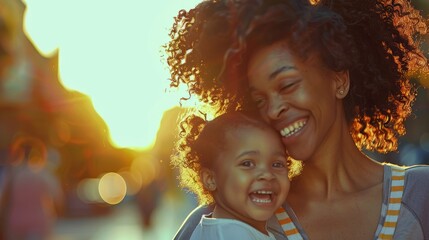 Happy black mother and child laughing | A close up portrait of a smiling African American woman with curly hair holding her little daughter while walking on the street at sunset | Mother's day - obrazy, fototapety, plakaty