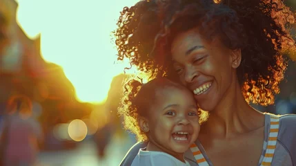 Fotobehang Happy black mother and child laughing   A close up portrait of a smiling African American woman with curly hair holding her little daughter while walking on the street at sunset   Mother's day © ArtisanSamurai