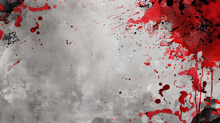 Artistic background featuring a chaotic blend of red and black ink splatters on a grey backdrop, symbolizing energy and passion, with ample copy space on the right for creative expression