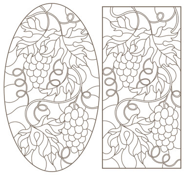 Set contour illustrations of stained glass with grapes and grape leaves , black contour on white background