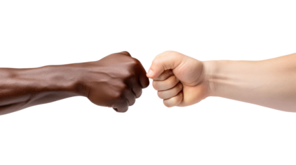 the hand of a white man and an African American are touching fists on white isolated background