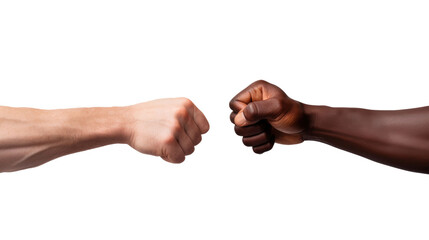 the hand of a white man and an African American are touching fists on white isolated background