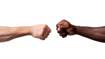 the hand of a white man and an African American are touching fists on white isolated background
