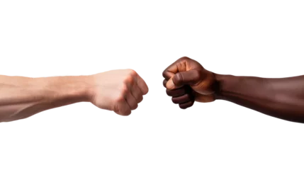 Fotobehang the hand of a white man and an African American are touching fists on white isolated background © Creative Canvas