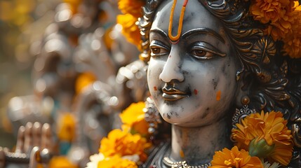 A serene image of Lord Krishna's idol adorned with fresh flower garlands, radiating divine grace and serenity - obrazy, fototapety, plakaty