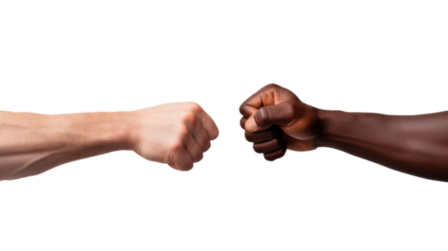the hand of a white man and an African American are touching fists on white isolated background - Powered by Adobe
