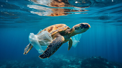 A turtle trapped in a plastic bag in the ocean