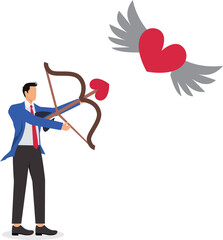 Businessman Cupid with wings and a bow, a heart arrow